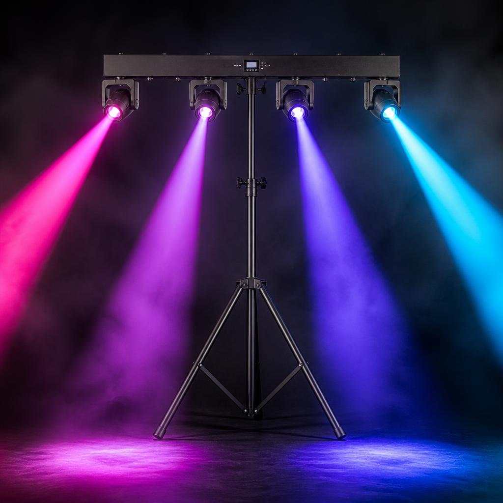 Moving heads party light bar firing pink, purple and cyan beams